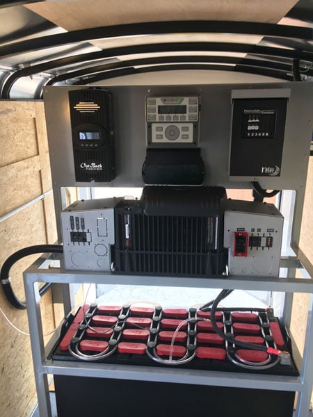 The batteries in our mobile solar generators are installed slightly forward of axle, to create stability while towing