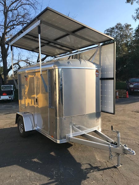 The standard MS-415 is a pure solar, non-hybrid, mobile solar generator. Shown here with optional push-button solar deployment.