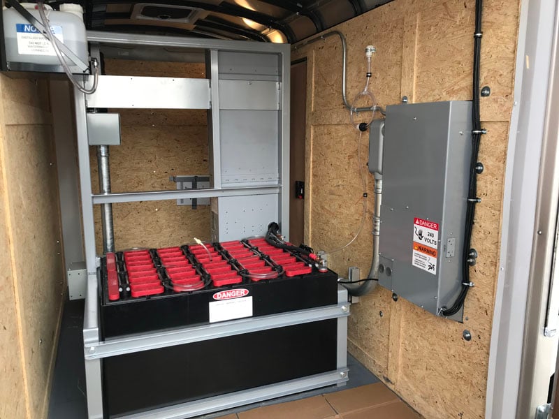 The large 40kWh FLA steel case industrial battery provides a low center of gravity for the eight-panel array